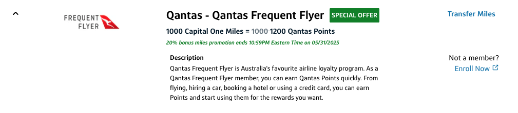 Capital One to Qantas 20% transfer bonus ends May 31 at 10:59 p.m. ET.